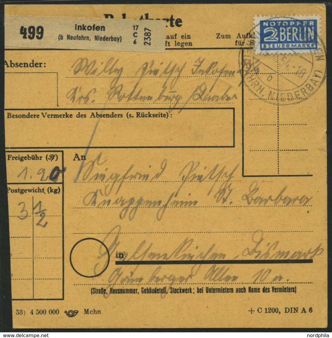 BUNDESREPUBLIK 135 BRIEF, 1954, 60 Pf. Posthorn, 2x Als Mehrfachfrankatur Rückseitig Auf Paketkarte Aus INKOFEN, üblich  - Gebraucht