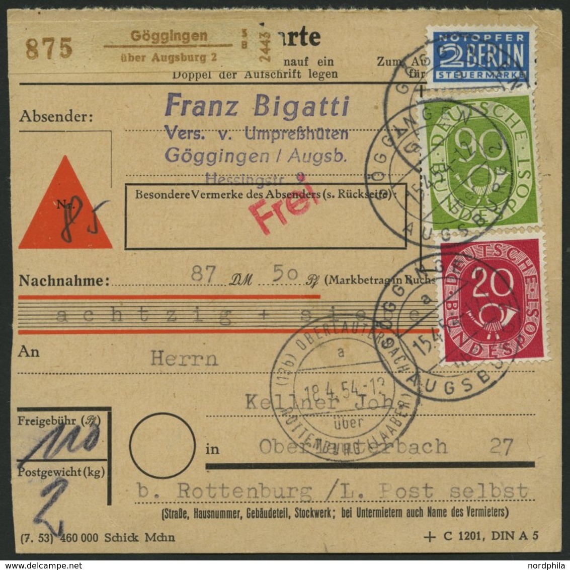 BUNDESREPUBLIK 136-38 BRIEF, 1954, 70 - 90 Pf. Posthorn, Je Mit Zusatzfrankatur Auf Paketkarte, Pracht - Gebraucht