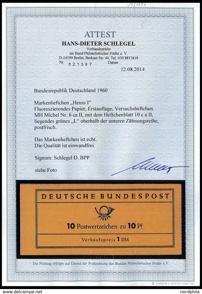 ZUSAMMENDRUCKE MH 6caII **, 1960, Markenheftchen Heuss Lumogen, Erstauflage, Mit Liegendem Grünen L Oberhalb Der Unteren - Sonstige & Ohne Zuordnung