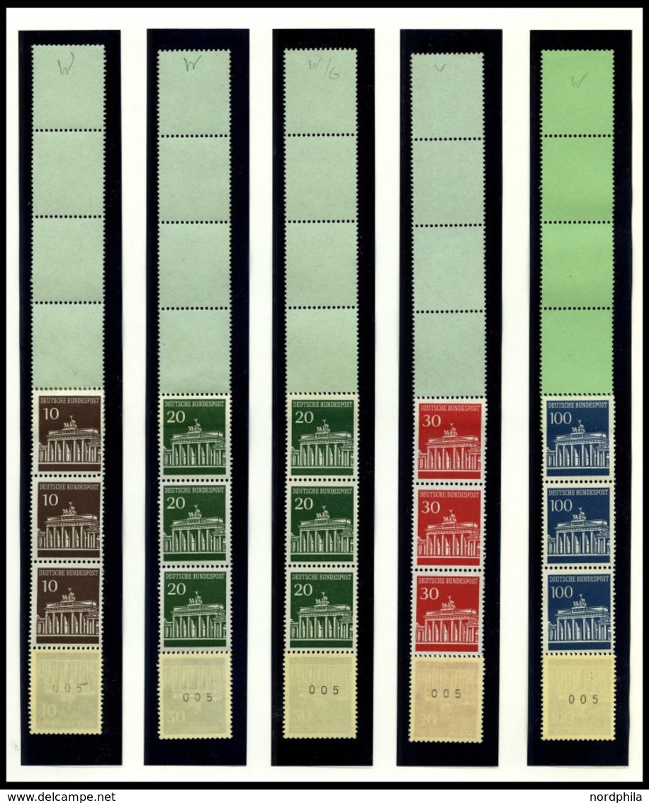 ROLLENMARKEN Aus 506-10R **, 1966/7, Partie Brandenburger Tor Mit Einzelmarken, 5er-Streifen Und RE 5 + 4 Lf Auf Verschi - Rollenmarken