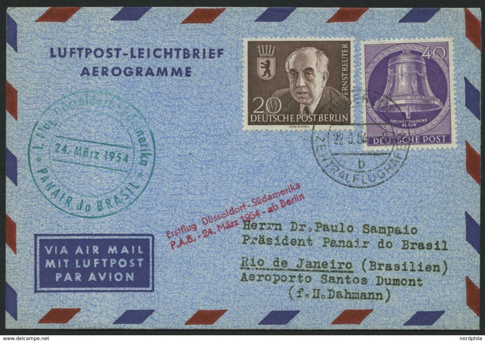 ERST-UND ERÖFFNUNGSFLÜGE 2461 BRIEF, 24.3.54, Düsseldorf-Rio De Janeiro, Ab Berlin, Frankiert Mit Nr. 105, Prachtbrief - Briefe U. Dokumente