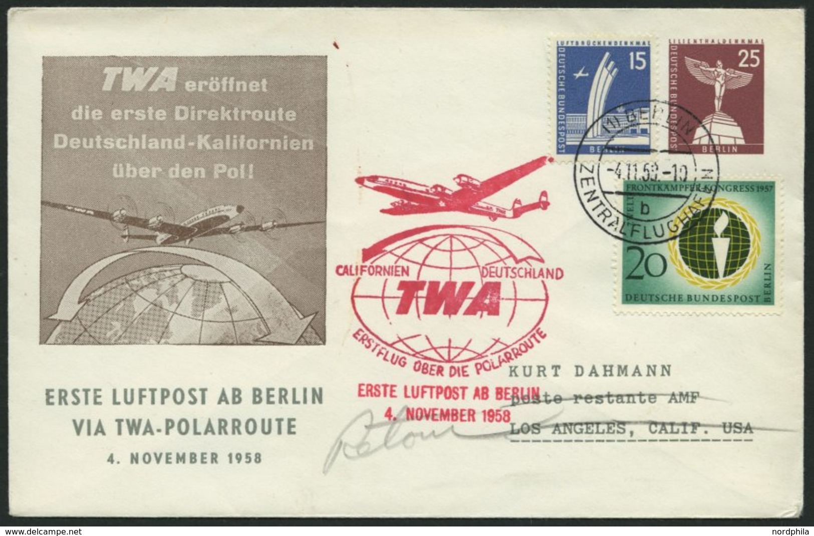 ERST-UND ERÖFFNUNGSFLÜGE 2614A BRIEF, 4.11.58, Berlin-Los Angeles, Sonderumschlag, Pracht - Storia Postale