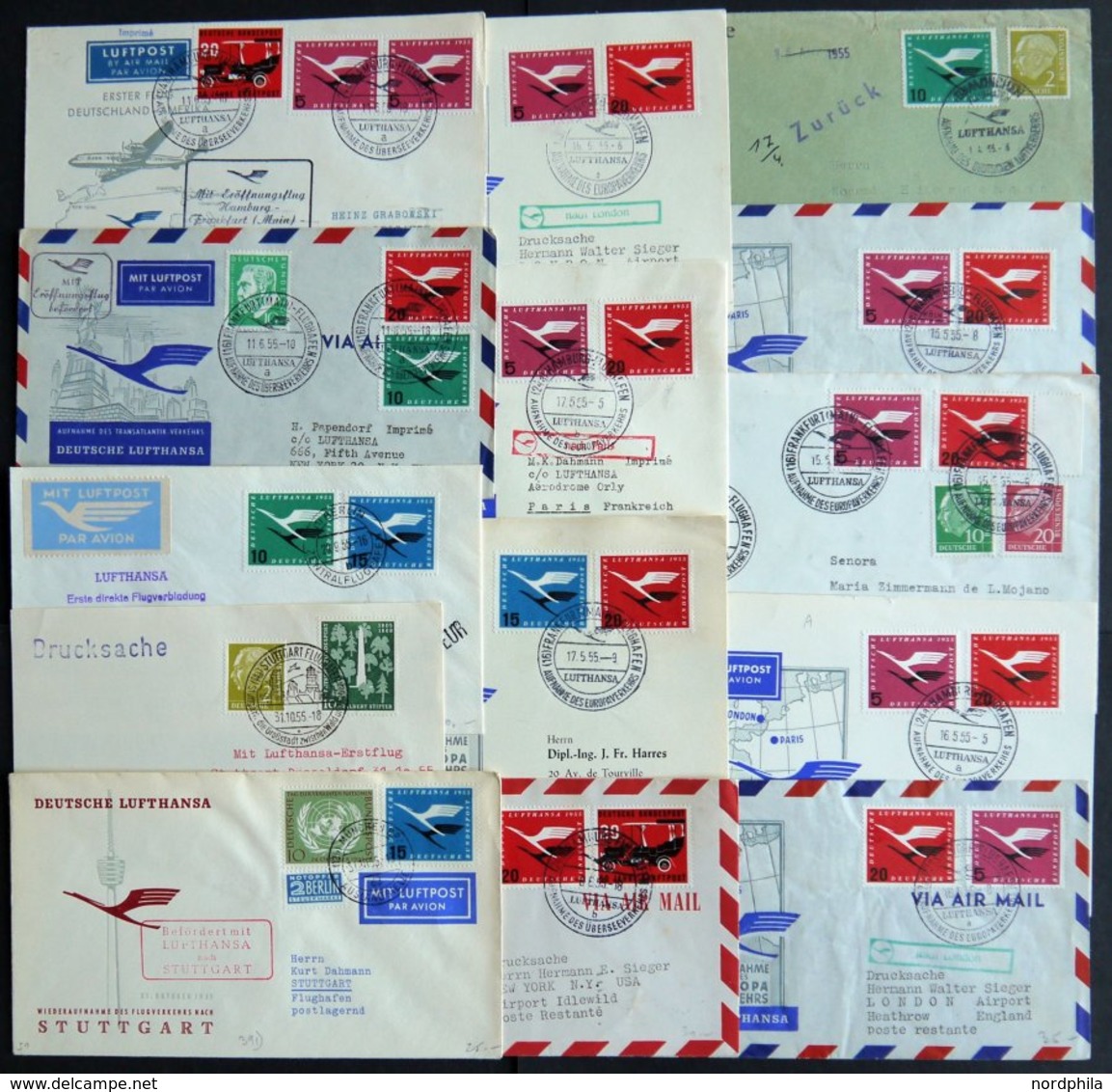 DEUTSCHE LUFTHANSA Aus 5-51 BRIEF, 1955, 14 Verschiedene Flüge, Meist Prachterhaltung, Haberer 1025.- - Used Stamps