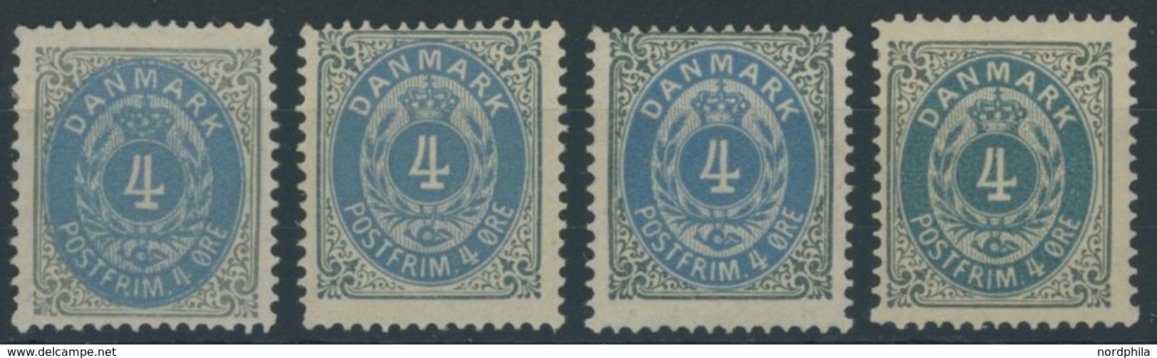 DÄNEMARK 23IYA *, 1875, 4 Ø Grau/ultramarin, Gezähnt K 14:131/2, 4 Verschiedene Auflagen, Falzrest, Pracht - Usati