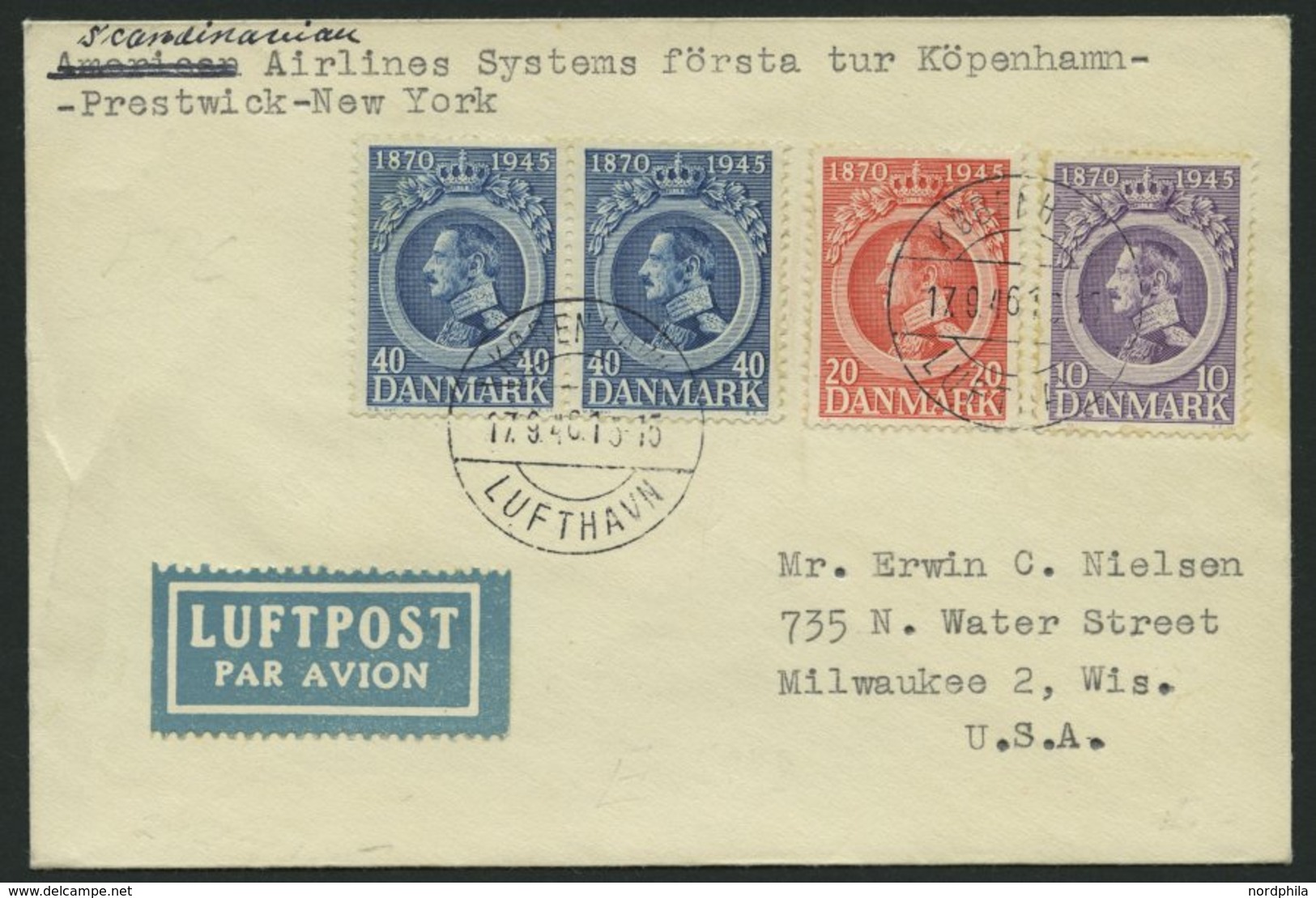 ERSTFLÜGE 17.9.1946, Kopenhagen-Prestwick-New York, Prachtbrief - Sonstige & Ohne Zuordnung