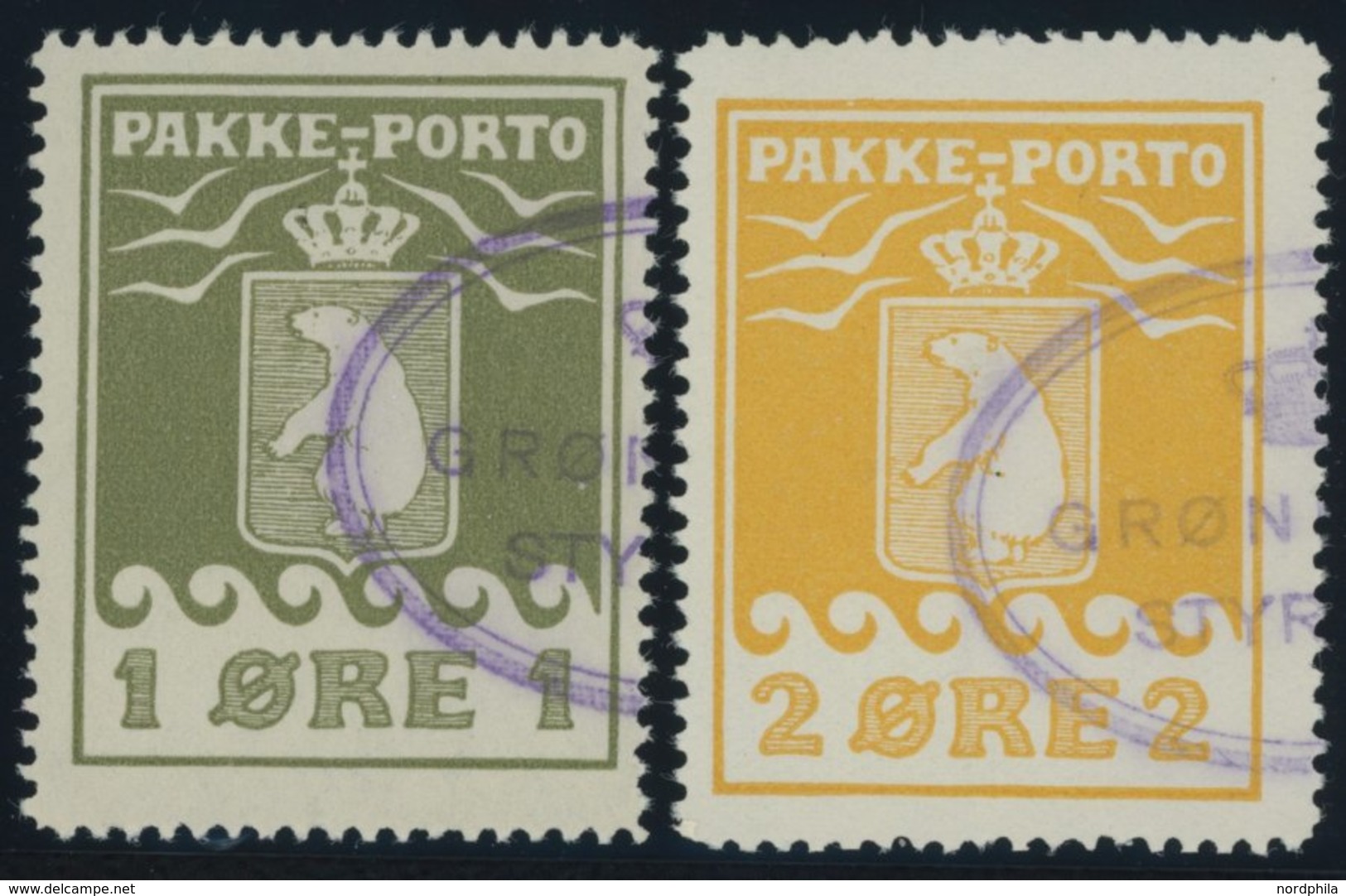 GRÖNLAND - PAKKE-PORTO 4/5 O, 1915, 1 Ø Grünoliv Und 2 Ø Gelb, 2 Prachtwerte, Mi. 130.- - Paketmarken