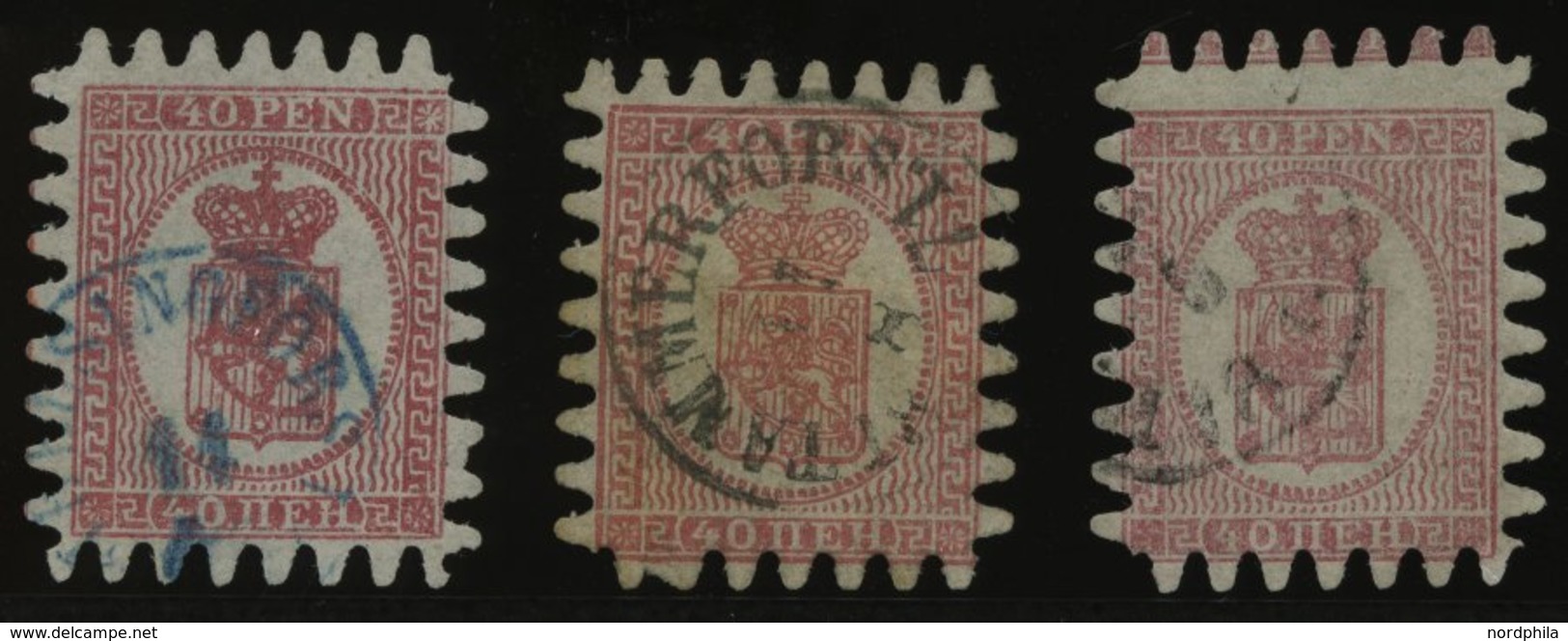 FINNLAND 9Cx O, 1866, 40 P. Rosakarmin, 3 Prachtwerte Mit Allen Zungen In Farbnuancen - Gebraucht