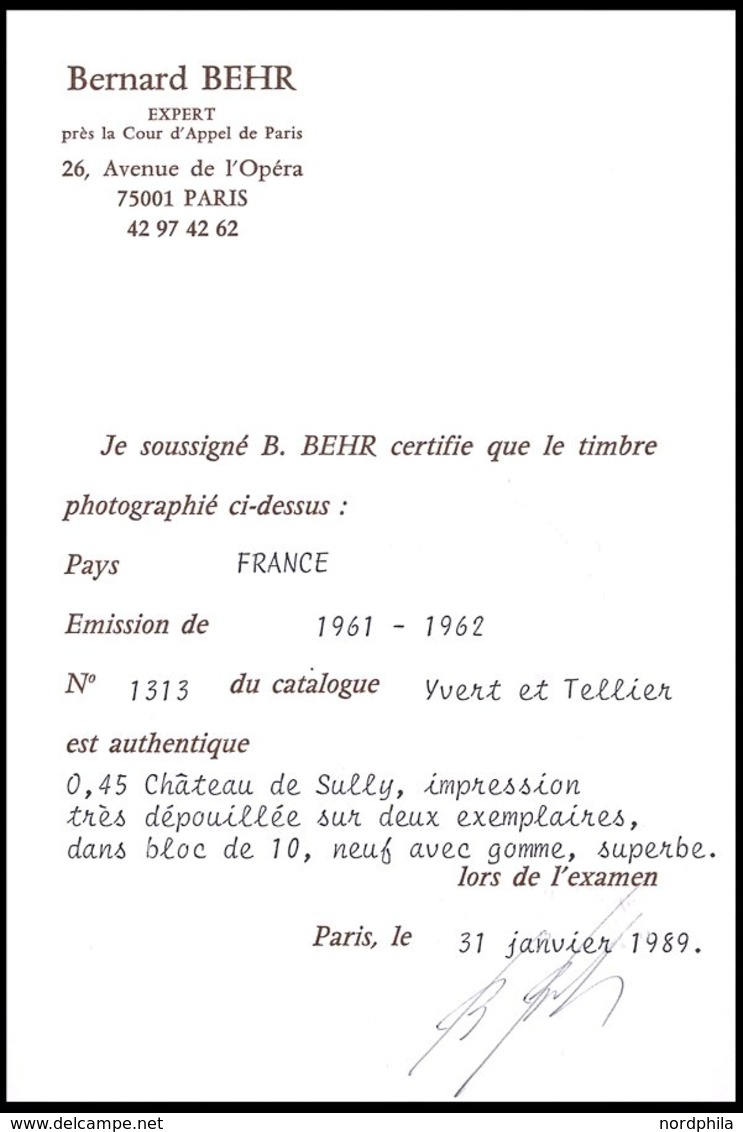 FRANKREICH 1367 **, 1961, 0.45 Fr. Sully-sur-Loire Im Zehnerblock, Dabei 2x Die Abart Weiße Burg (Yvert 1313a), Pracht,  - Altri & Non Classificati