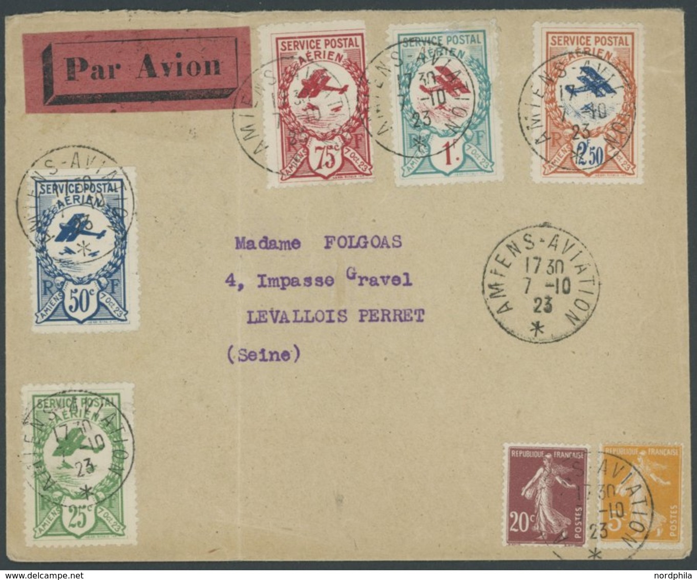 FRANKREICH 1923, 5 Verschiedene Marken AMIENS FLUGMEETING 7.10. Auf Luftpostbrief Mit 5 Und 20 C. Säerin, Feinst - Other & Unclassified