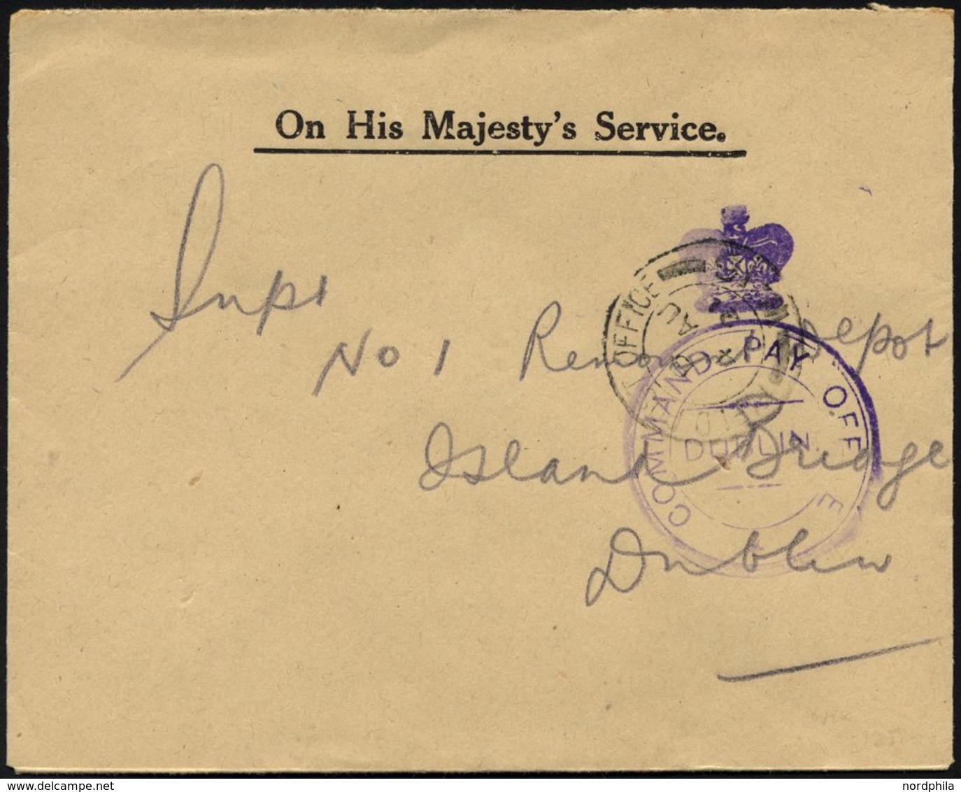 BRITISCHE MILITÄRPOST 1921, K2 FIELD POST OFFICE/W 16 Und Violetter Stempel COMMAND PAY OFFICE/DUBLIN Auf Militär-Dienst - Gebraucht