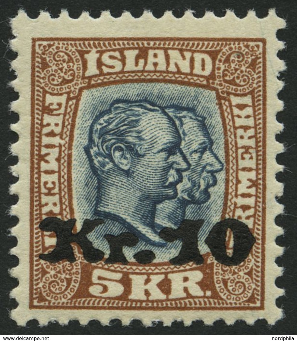 ISLAND 141 *, 1930, 10 Kr. Auf 5 Kr. Doppelportrait, Falzrest, Pracht, Signiert - Other & Unclassified