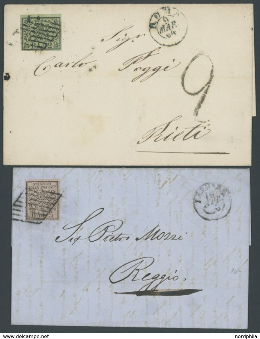 KIRCHENSTAAT 3,6 BRIEF, 1852, 2 Baj. Schwarz Auf Olivgrün Und 5 Baj. Schwarz Auf Rosa, 2 Prachtbriefe - Kirchenstaaten