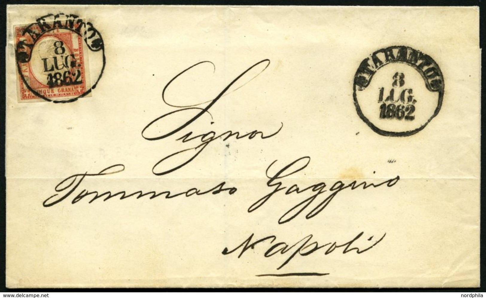 ITALIEN 5d BRIEF, 1862, 5 Gr. Ziegelrot (Sassone Nr. 21a) Auf Brief Von TARANTO Nach Neapel, Pracht, Gepr. Newiger - Ungebraucht