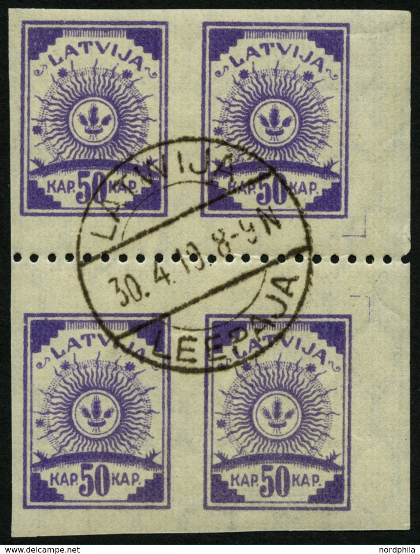 LETTLAND 22y VB O, 1919, 50 K. Violett, Senkrecht Geripptes Papier, Im Viererblock Mit Waagerechter Zähnung L 9 3/4, Pra - Lettland