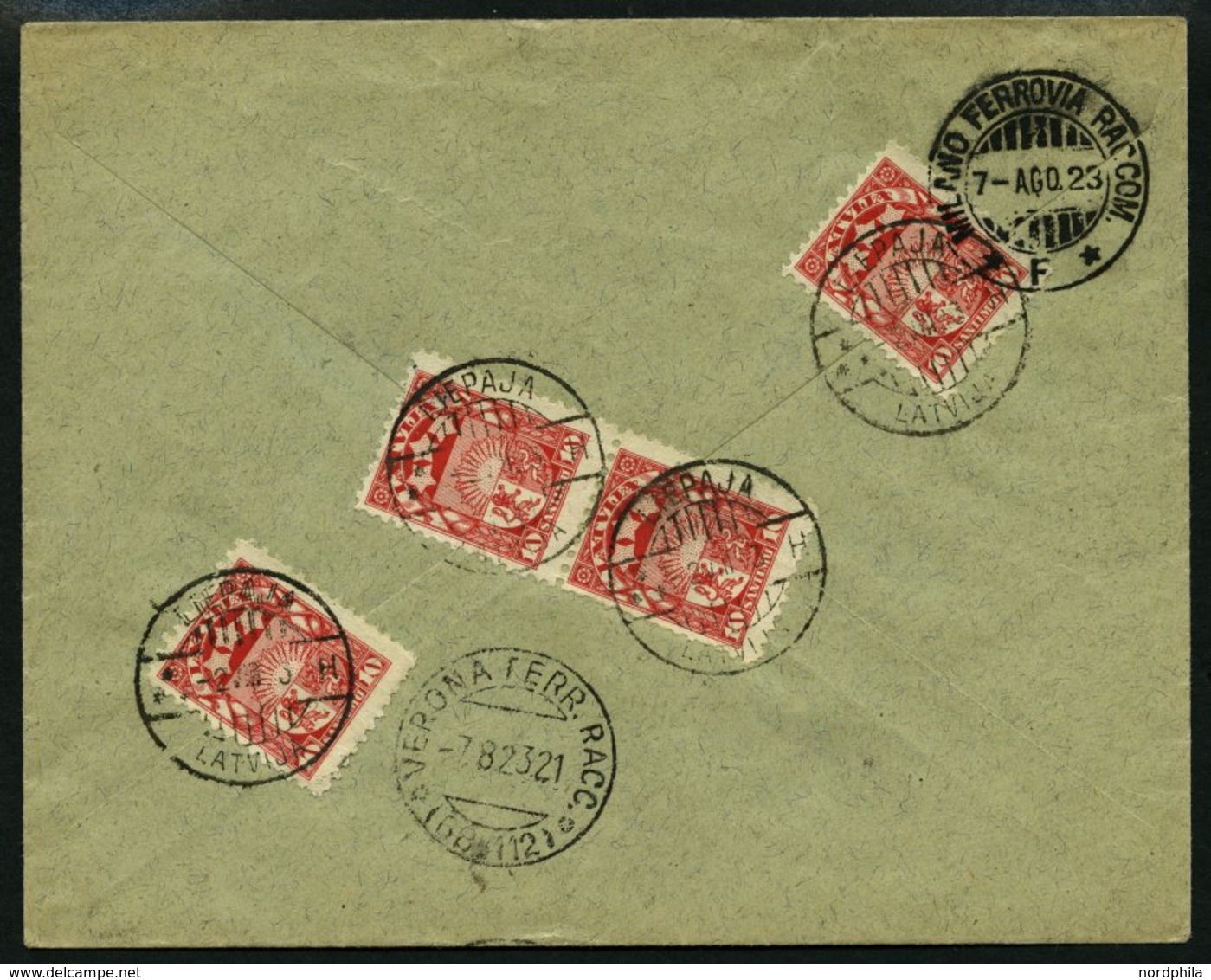 LETTLAND 93 BRIEF, 1923, 10 S. Karmin, 4x Als Mehrfachfrankatur Rückseitig Auf Einschreibbrief Von LIEPAJA Nach Italien, - Lettland