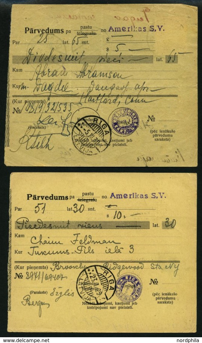 LETTLAND 121 BRIEF, 1929/30, 2 S. Lilarosa, 2 Frankierte Geldanweisungen Aus Amerika (verschiedene Typen), Pracht - Lettland