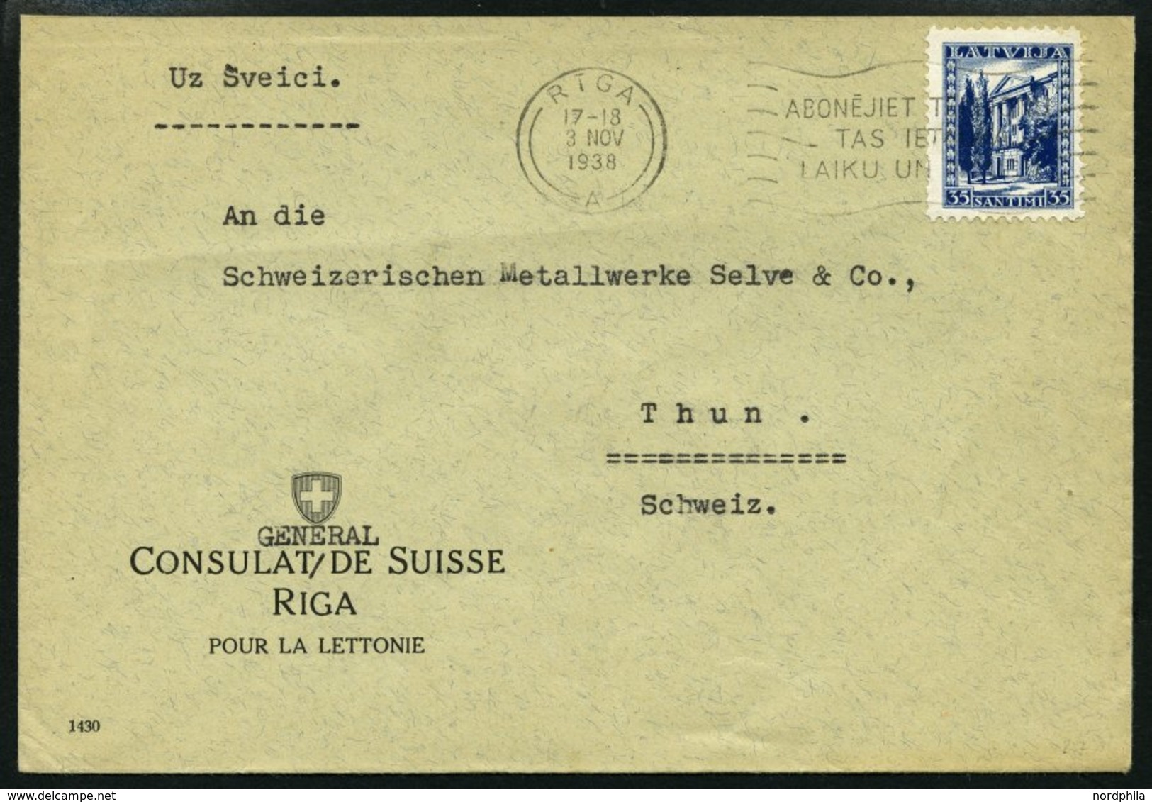 LETTLAND 236 BRIEF, 1934, 35 S. Neue Verfassung Lettlands Mit Maschinenstempel ABONEJIET TELEFONU Auf Brief Des Schweize - Lettonia