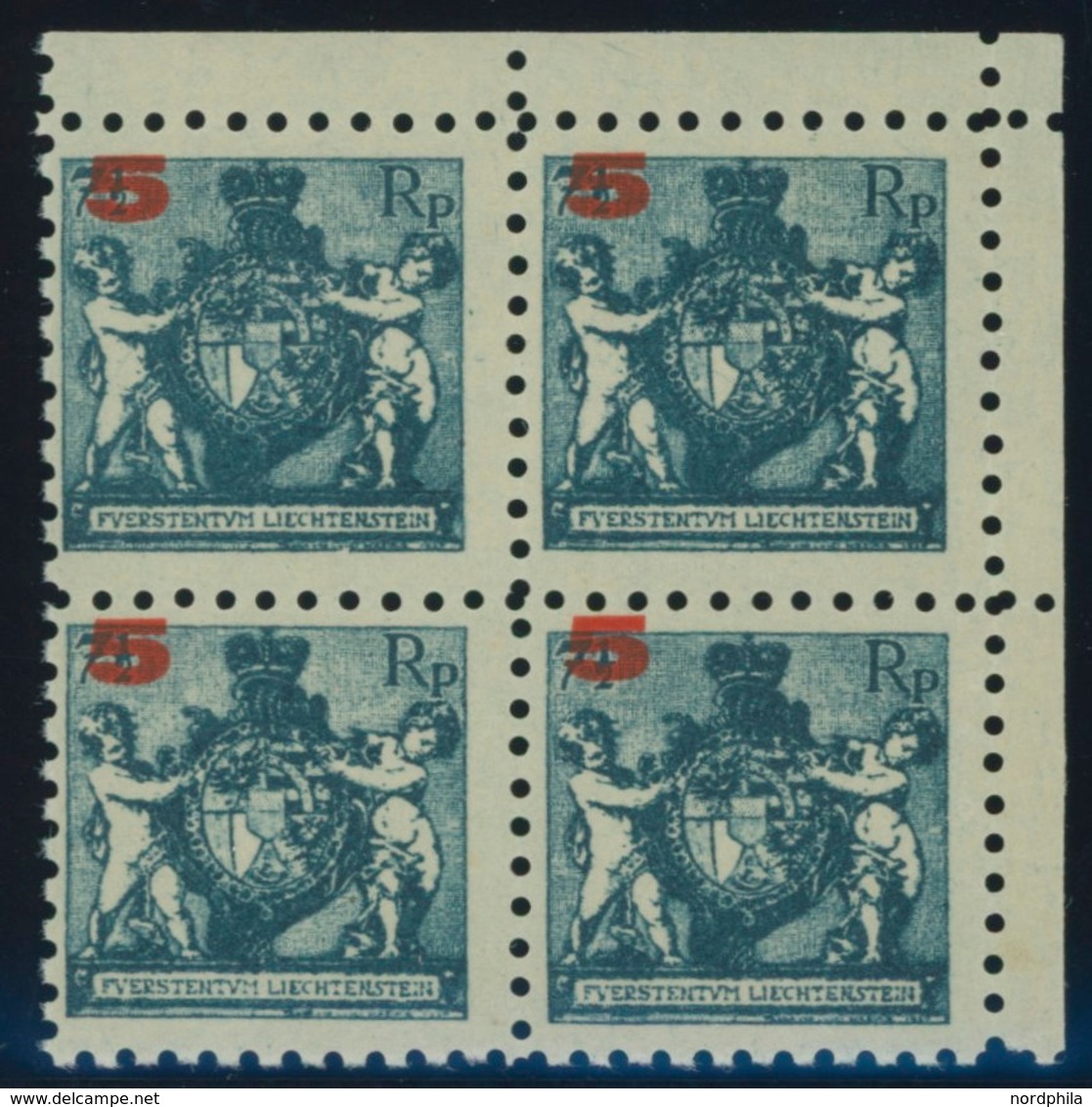 LIECHTENSTEIN 61A **, 1924, 5 Auf 71/2 Rp. Schwarzblau, Gezähnt L 9, Im Rechten Oberen Eckrandviererblock, Postfrisch, P - Other & Unclassified