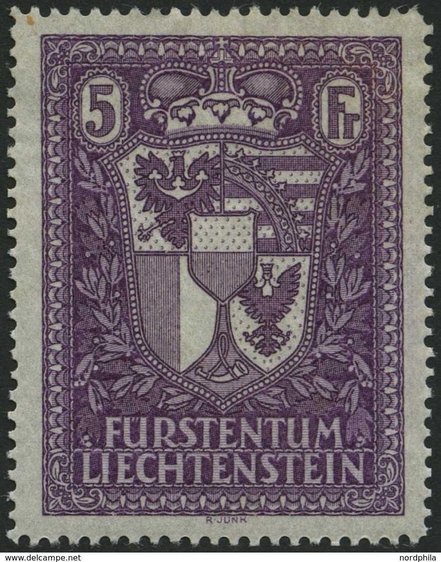 LIECHTENSTEIN 142 *, 1935, 5 Fr. Landeswappen, Falzreste, Pracht - Sonstige & Ohne Zuordnung