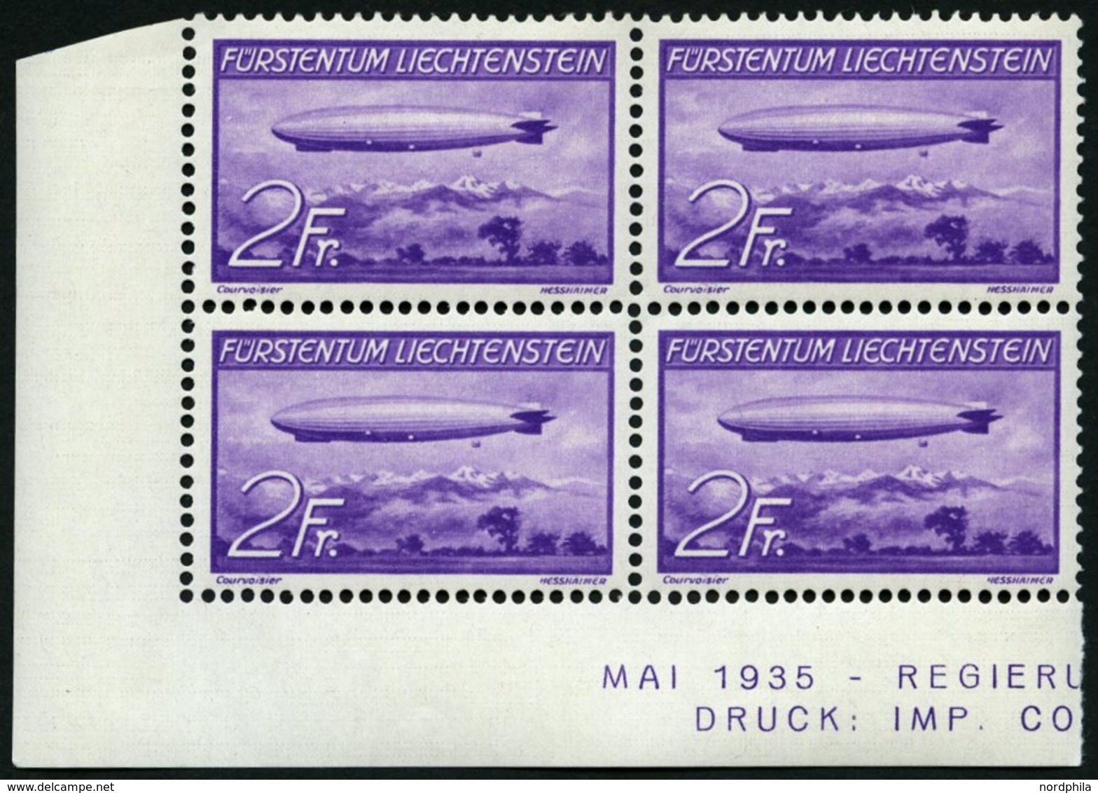 LIECHTENSTEIN 150 VB **, 1936, 2 Fr. Graf Zeppelin Im Unteren Linken Eckrandviererblock, Pracht, Mi. (380.-) - Sonstige & Ohne Zuordnung