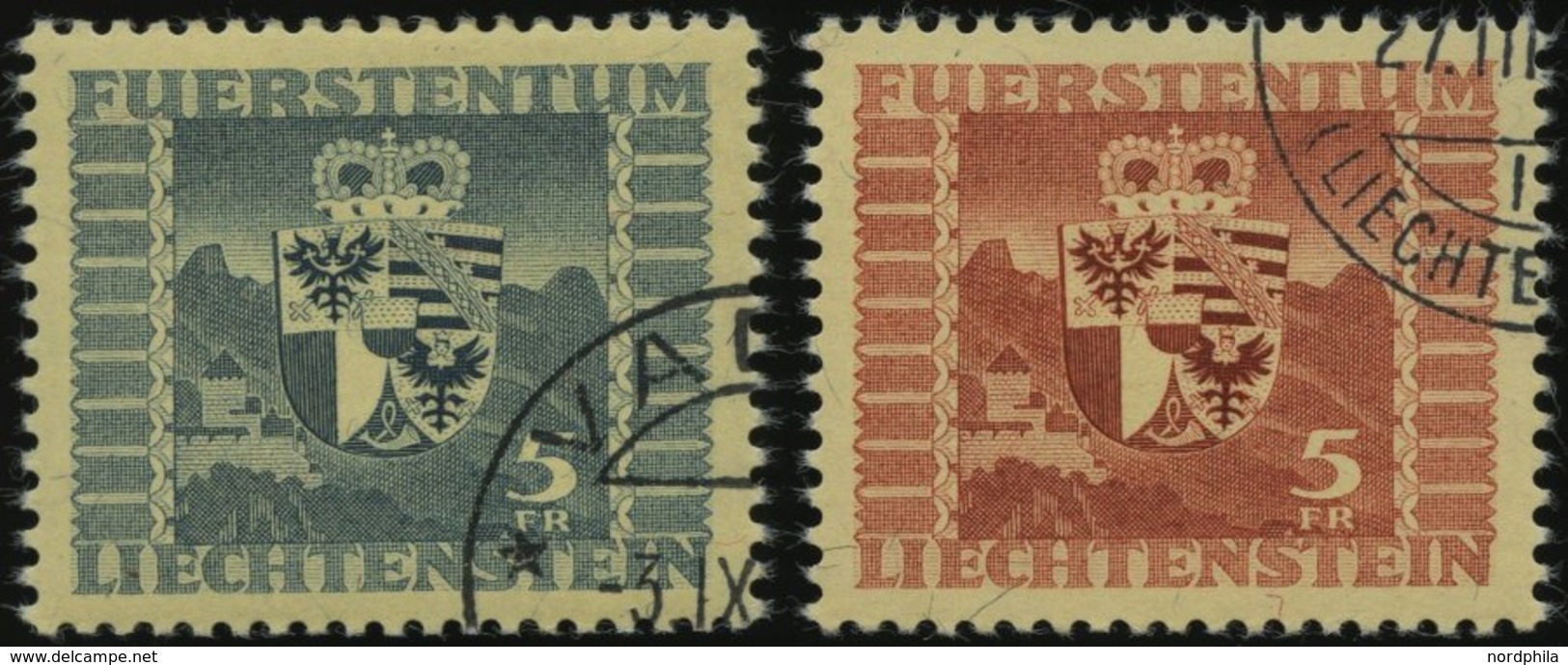 LIECHTENSTEIN 243,252 O, 1945/7, 5 Fr. Wappen, 2 Prachtwerte, Mi. 115.- - Sonstige & Ohne Zuordnung