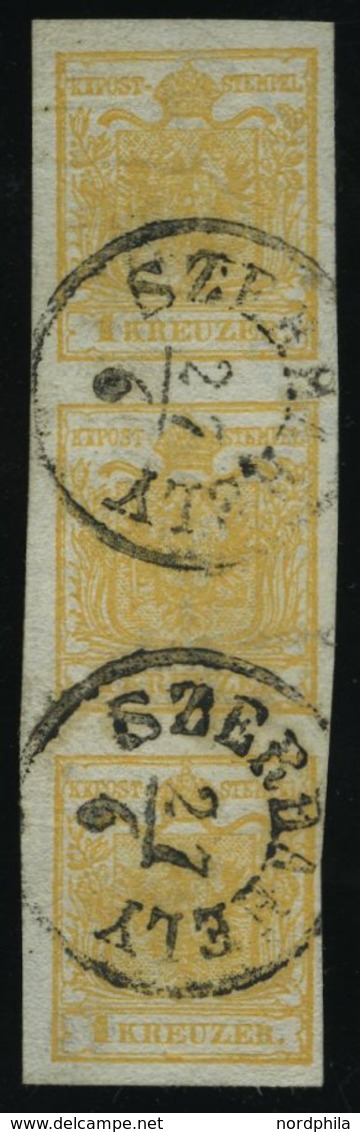 ÖSTERREICH 1Xb O, 1850, 1 Kr. Orange, Handpapier, Type III, Im Senkrechten Dreierstreifen Mit WZ über 50% Der Beiden Obe - Sonstige & Ohne Zuordnung