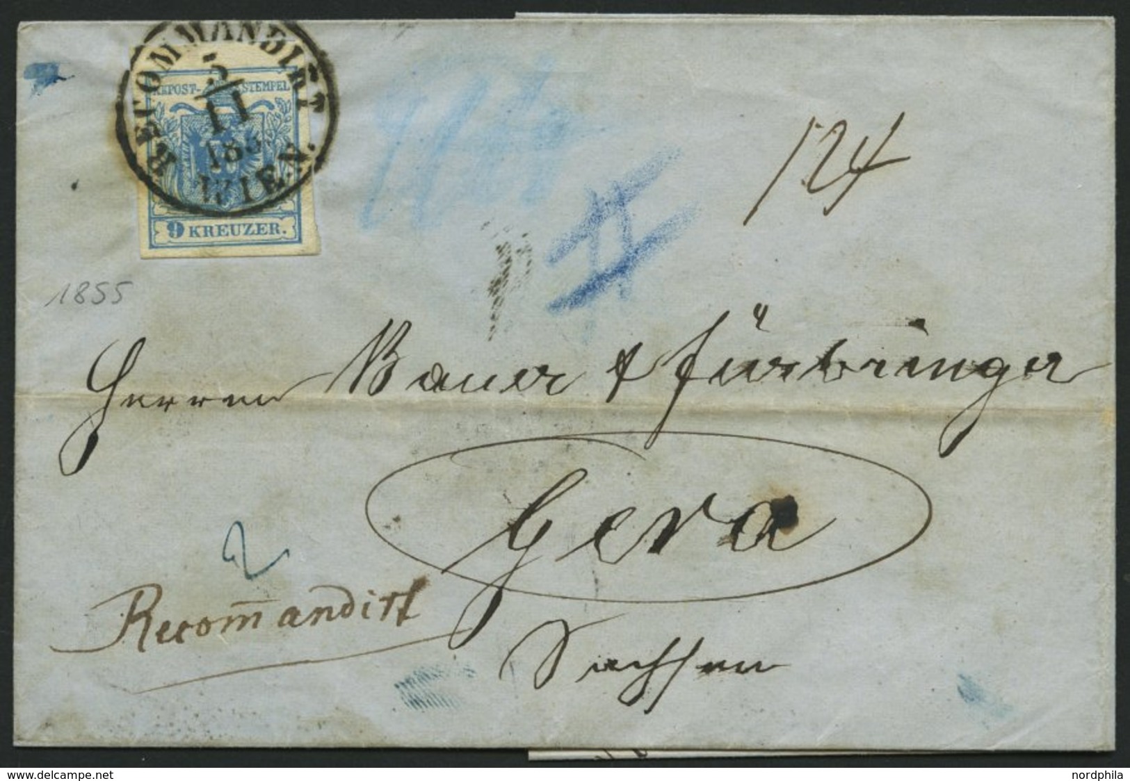 ÖSTERREICH 5Y BRIEF, 1855, 9 Kr. Blau, Maschinenpapier, Type IIIb, K1 RECOMMANDIRT WIEN, Rückseitig Defekte 6 Kr., Prach - Sonstige & Ohne Zuordnung