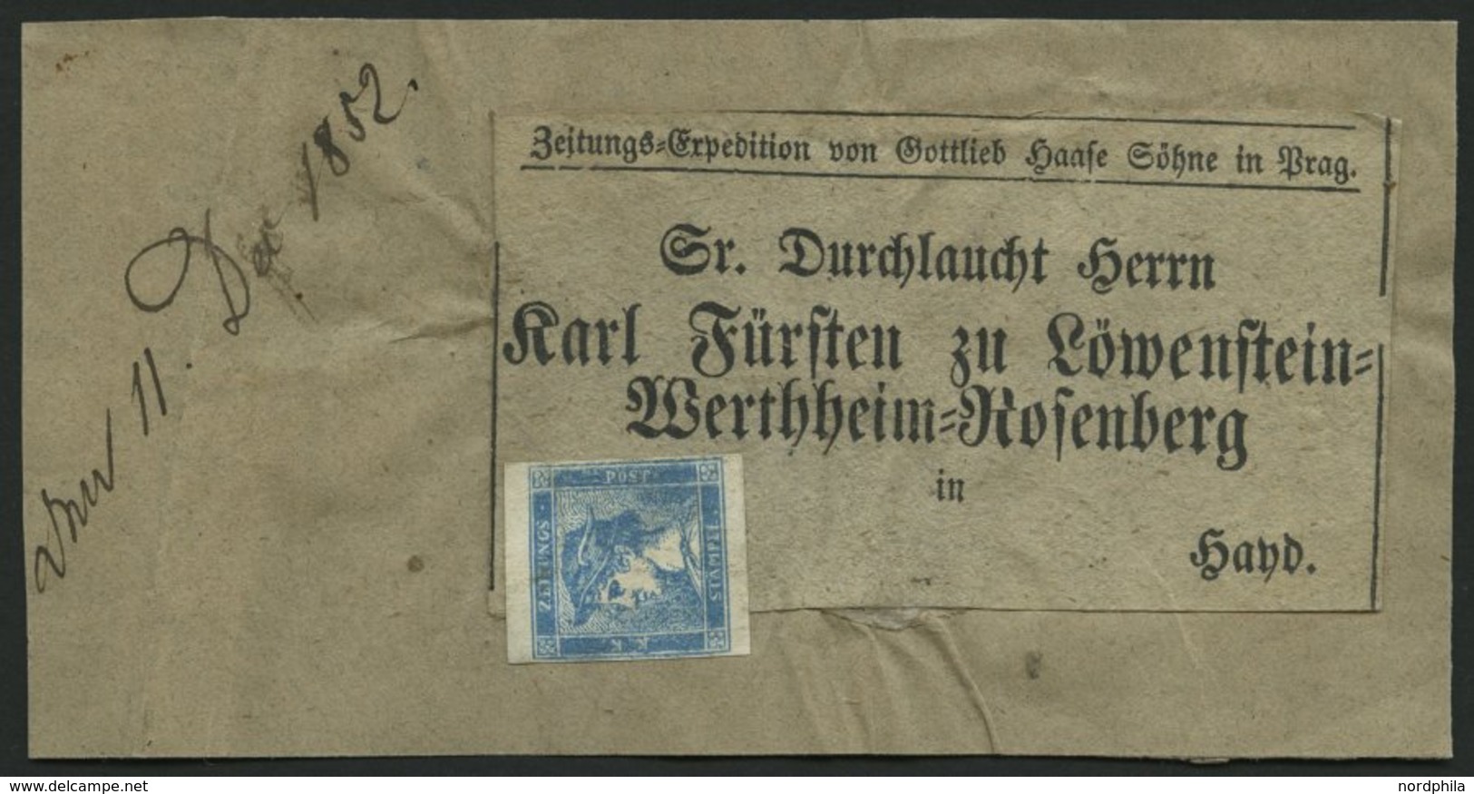 ÖSTERREICH 6I BrfStk, 1852, 0.6 Kr. Blau, Type I, Auf Zeitungsadresse Aus Prag, Nicht Entwertet, Pracht - Sonstige & Ohne Zuordnung