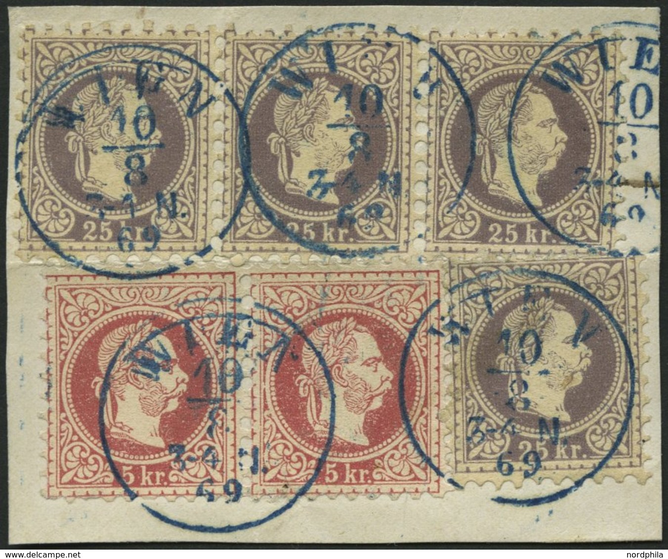 ÖSTERREICH 37I,40Ic BrfStk, 1869, 25 Kr. Dunkellila Im Waagerechten Dreierstreifen Und Einzelmarke Mit Waagerechtem Paar - Sonstige & Ohne Zuordnung