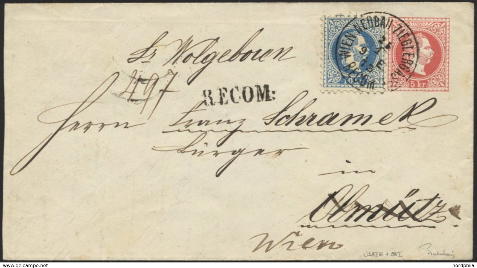 ÖSTERREICH 38I BRIEF, 1873, 10 Kr. Blau, Grober Druck, Als Zusatzfrankatur Auf 5 Kr. Ganzsachenumschlag (U 28IIE), K1 WI - Sonstige & Ohne Zuordnung