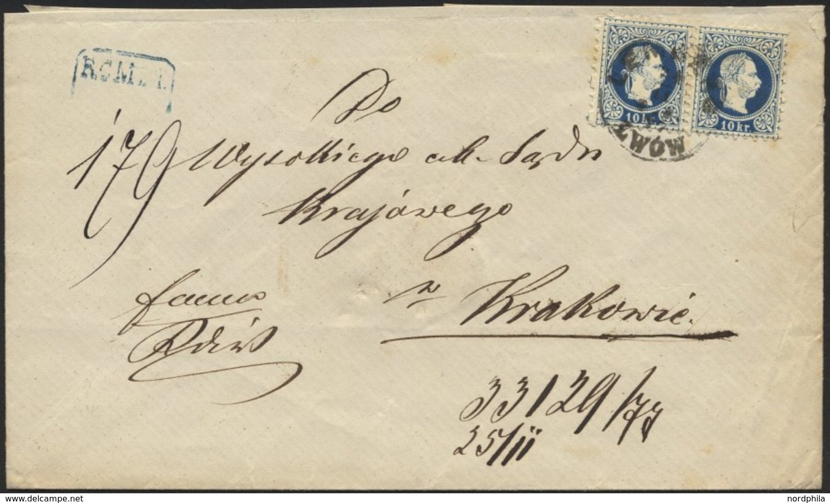 ÖSTERREICH 38II Paar BRIEF, 1882, 10 Kr. Blau, Feiner Druck, Im Waagerechten Paar Auf Reco-Brief Nach Krakau, Feinst - Sonstige & Ohne Zuordnung