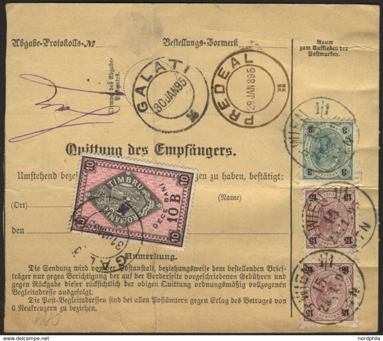 ÖSTERREICH 56 BRIEF, 1895, 15 Kr. Braunpurpur/schwarz, 7x (teils Rückseitig) Und 3 Kr. Zusatzfrankatur Auf 5 Kr. Post-Pa - Sonstige & Ohne Zuordnung