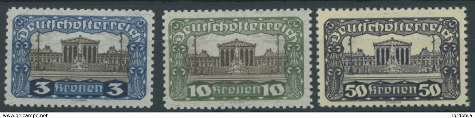 ÖSTERREICH 1918-1938 286,290,292B **, 1919/21, 3, 10 Und 50 Kr. Parlamentsgebäude, 3 Postfrische Prachtwerte, Mi. 110.- - Gebraucht