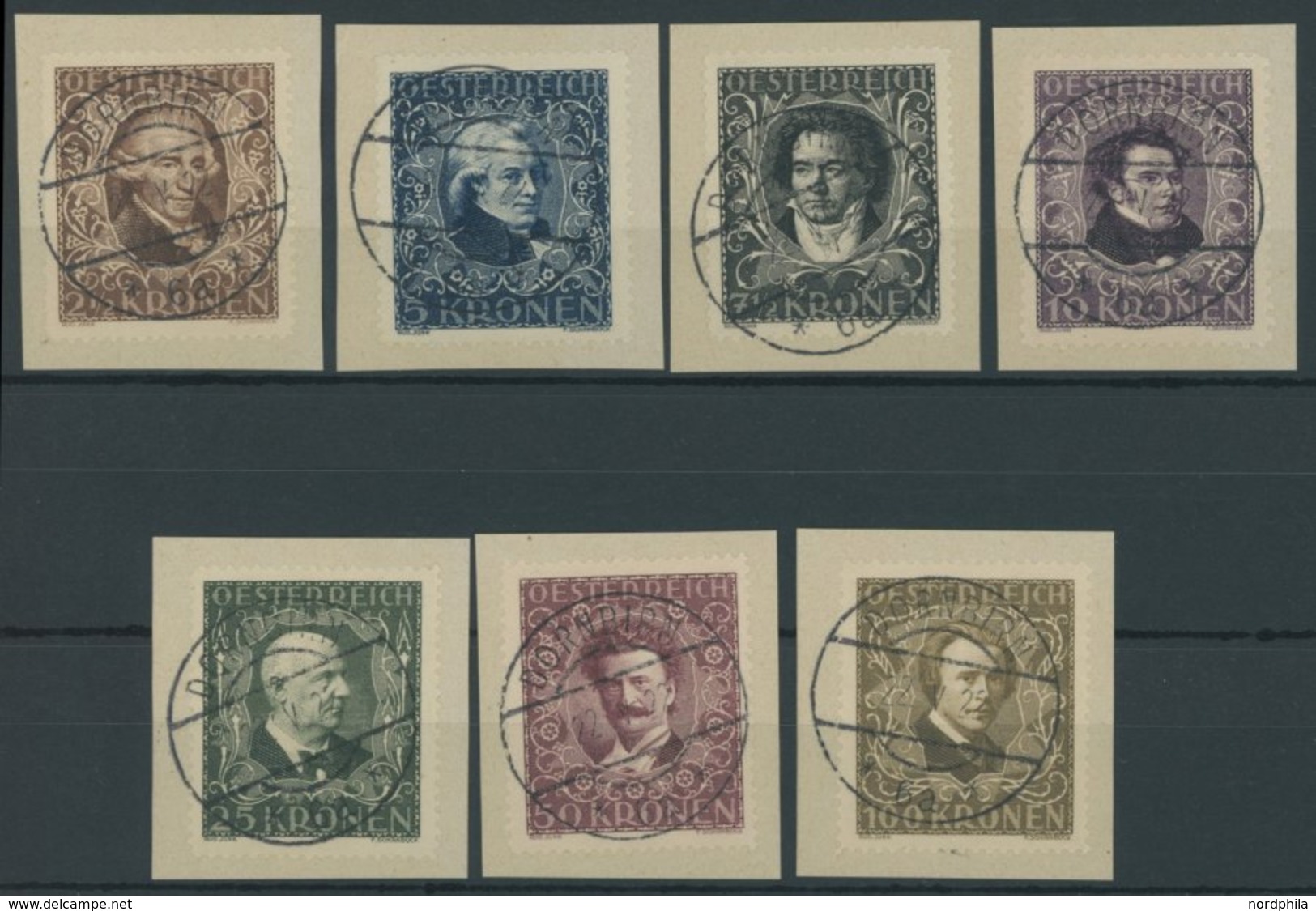 ÖSTERREICH 1918-1938 418-24 BrfStk, 1922, Komponisten Und Musiker, Prachtsatz Auf Briefstücken - Used Stamps