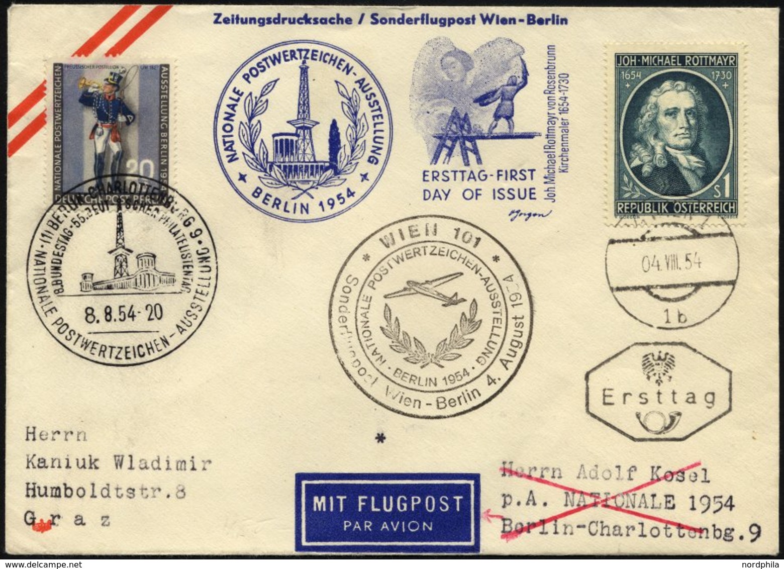 ÖSTERREICH 1007 BRIEF, 4.8.1954, 1 S. Rottmayr Auf Sonderflugpostbrief Und FDC WIEN-BERLIN, Mit Zusatzporto Berlin Mi.Nr - Gebraucht