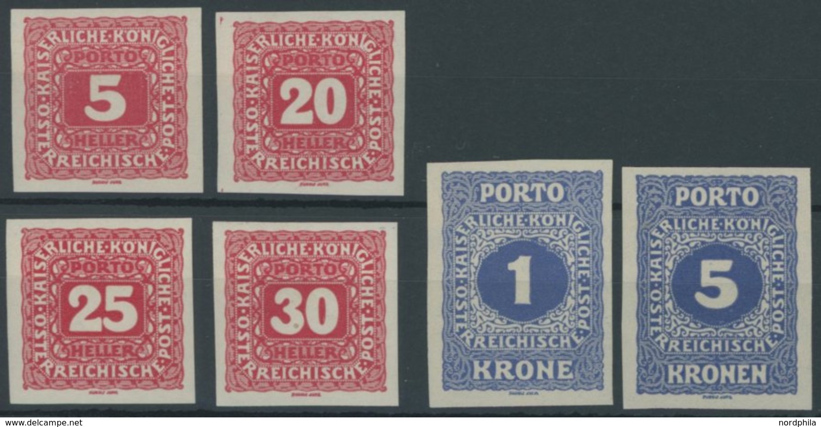 PORTOMARKEN P U *, 1916, Neue Ziffernzeichnung, 6 Ungezähnte Werte (Mi.Nr. 47,50-52,55/6U), Falzreste, Pracht - Postage Due