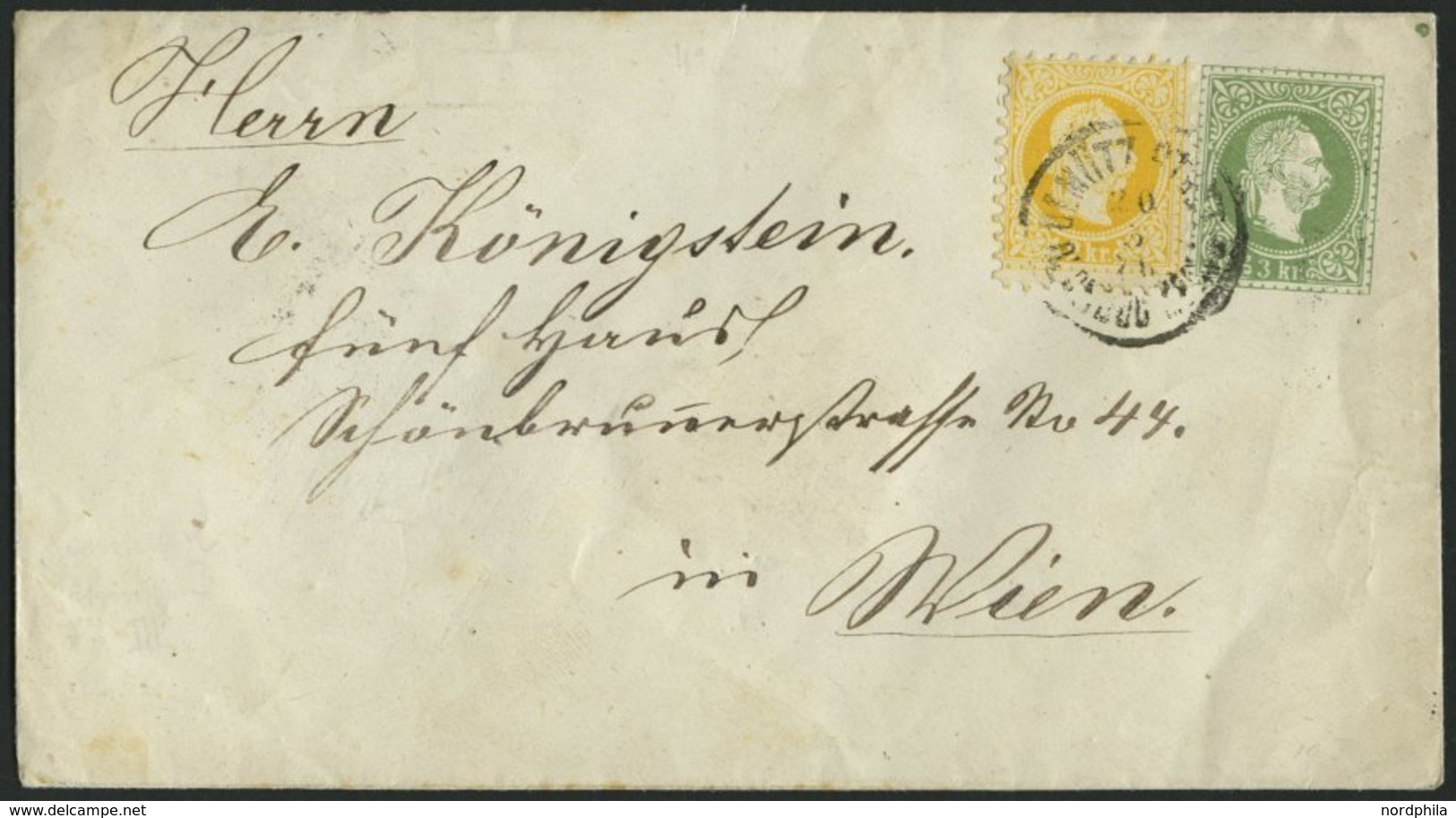 GANZSACHEN U 59,35II BRIEF, 1876, 3 Kr. Grün, Wz. 3, Umschlag Mit Zusatzfrankatur 2 Kr. Gelb, Feiner Druck, Nach Wien, P - Sonstige & Ohne Zuordnung