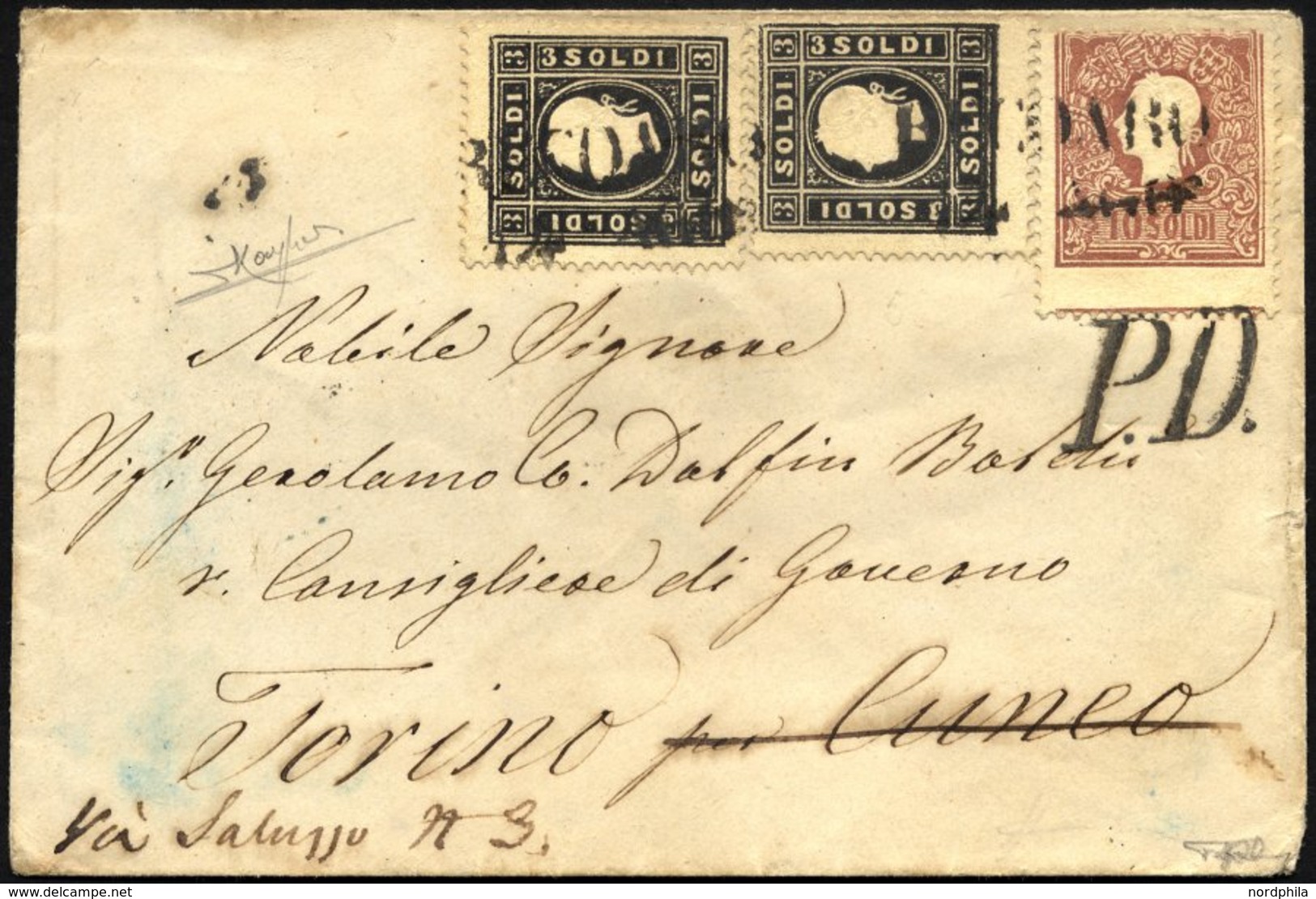 LOMBARDEI UND VENETIEN 7IIa,10II BRIEF, 1858, 3 So. Schwarz Und 10 So. Lilabraun, Type II, Auf Kleinem Brief Von RECOARO - Lombardy-Venetia