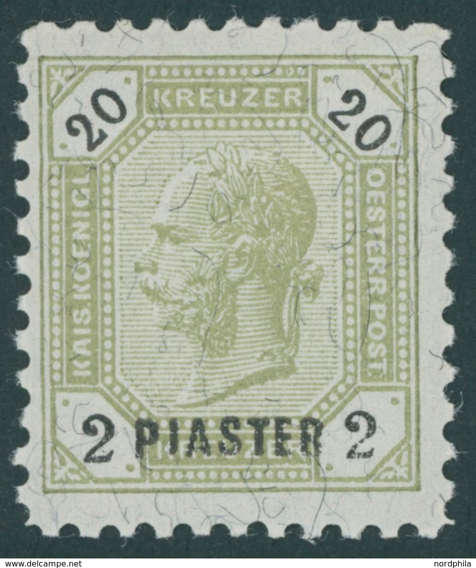 POST IN DER LEVANTE 28B *, 1891, 2 Pia. Auf 20 Kr. Grünlicholiv/schwarz, Gezähnt L 91/4. Herstellungsbedingter Gummibug, - Levante-Marken
