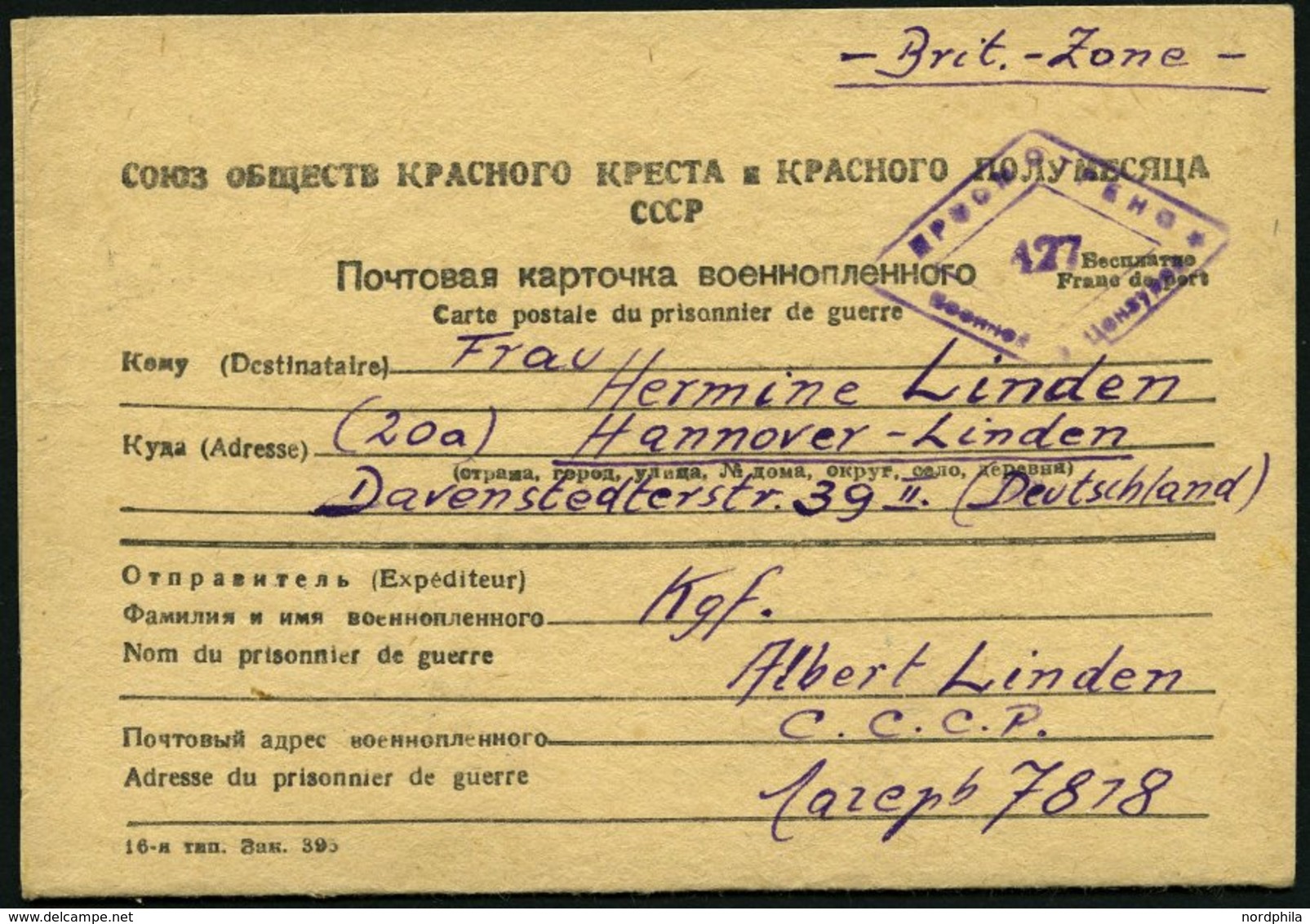 RUSSLAND 1949, Briefkarten-Vordruck Vom Sowjetischen Roten Kreuz Aus Dem Lager Nr. 7818 Nach Deutschland In Die Britisch - Other & Unclassified