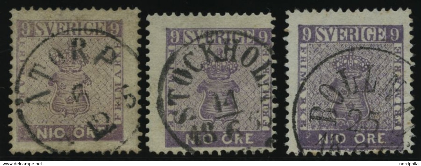 SCHWEDEN 8 O, 1858, 9 Ö. Violett, 3 Werte In Farbnuancen, Unterschiedliche Erhaltung - Sonstige & Ohne Zuordnung