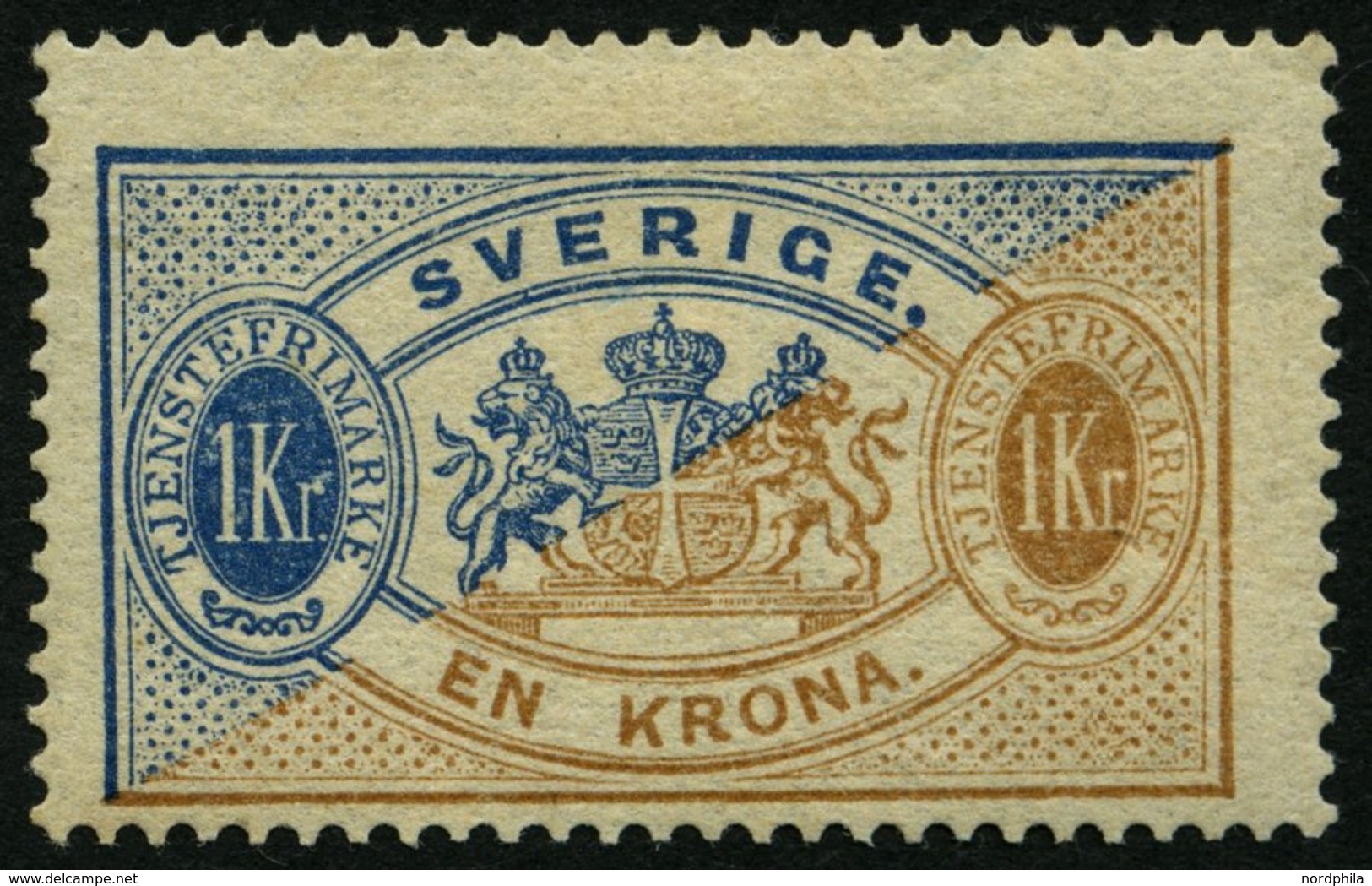 DIENSTMARKEN D 11Ba *, 1881, 1 Kr. Blau/braun, Gezähnt 13, (Facit Tj 24Ae), Falzrest, Pracht, Mi. 600.- - Dienstmarken