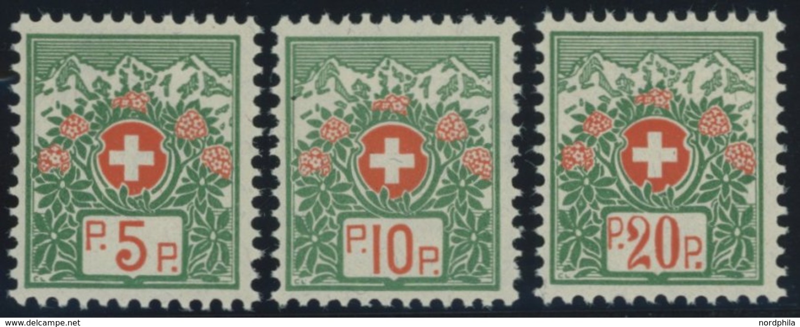 PORTOFREIHEITSMARKEN Pf 11-13II *, 1927, 5 - 20 C. Alpenrose, Faserpapier, Ohne Kontrollnummer, Falzreste, Prachtsatz - Portofreiheit