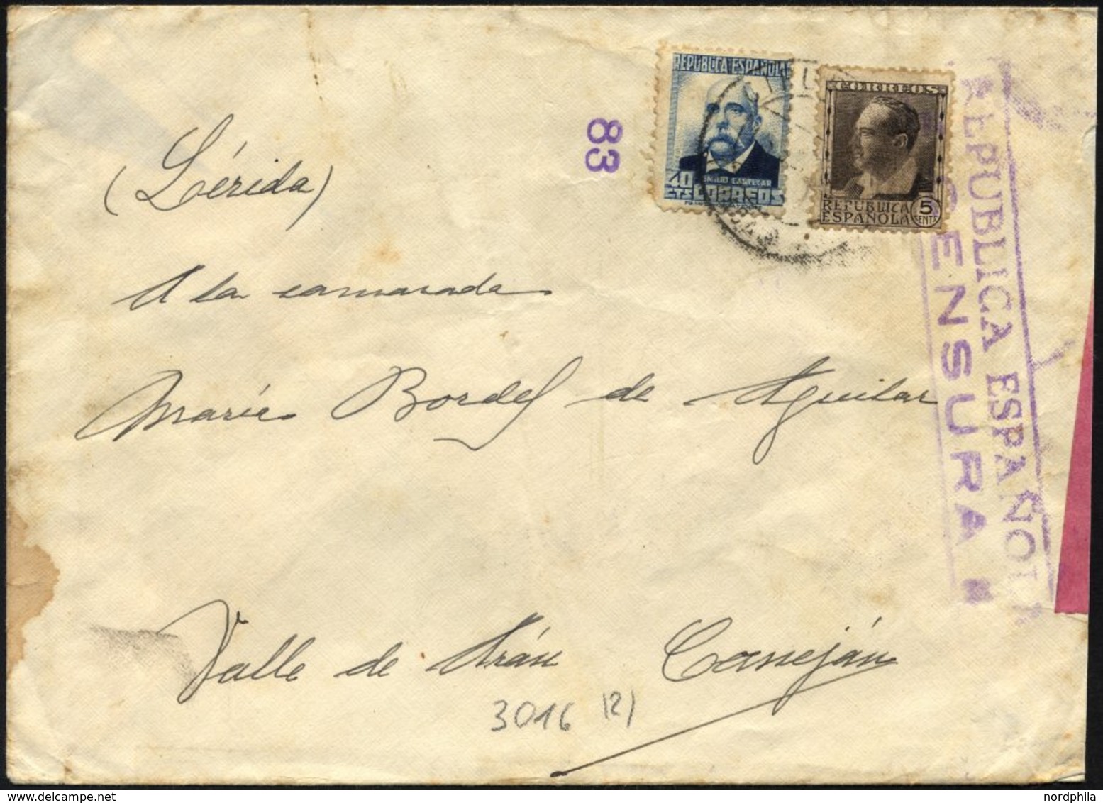 SPANIEN 618,624 BRIEF, 1937, 5 Und 40 C. Berühmte Spanier Mit Violettem Republikanischem Zensurstempel Auf Feldpostbrief - Sonstige & Ohne Zuordnung