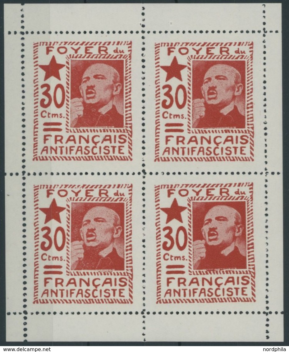 LOKALAUSGABEN VB **, 1937, 30 C. Rot Foyer Du Français Antifasciste ím Postfrischen Kleinbogen (4), Pracht - Sonstige & Ohne Zuordnung