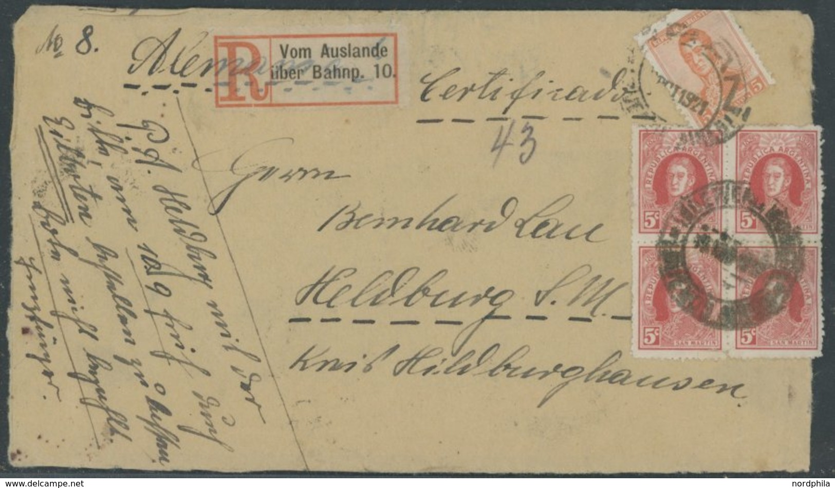 ARGENTINIEN 207,303 VB BRIEF, 1927, 5 C. Ziegelrot Und 5 C. Rot Im Viererblock Auf Einschreibbrief Mit R-Zettel Vom Ausl - Other & Unclassified