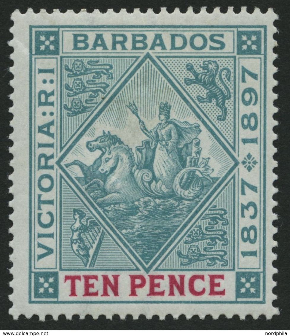 BARBADOS 60x *, 1897, 10 P. 60 Jahre Regentschaft, Weißes Papier, Falzreste, Herstellungsbedingte Gummiknitter, Pracht,  - Barbados (1966-...)