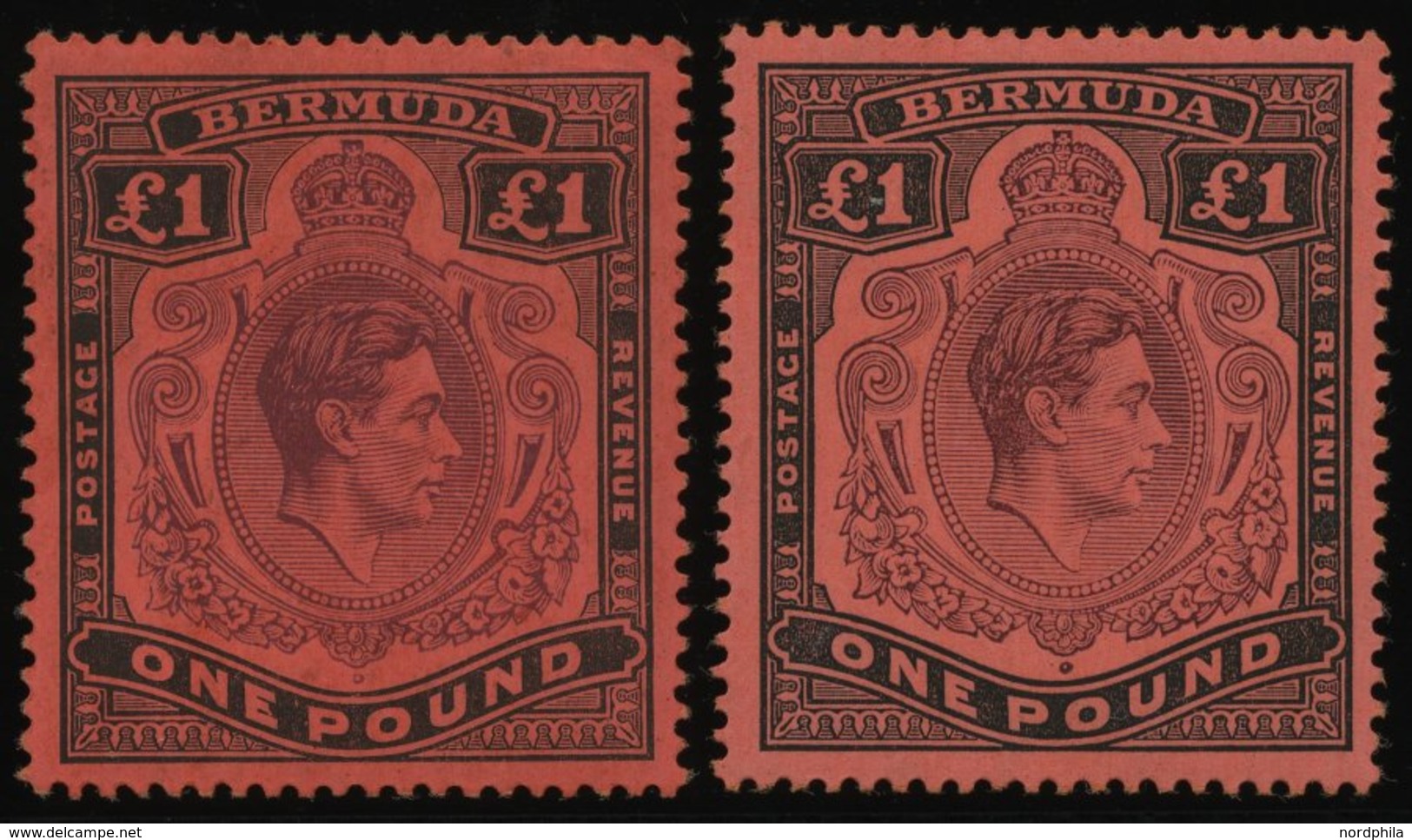 BERMUDA-INSELN 116b *, 1943, 1 £ Schwarz/braunpurpur, Gezähnt 14, (SG 121b Und E), Falzrest, 2 Prachtwerte - Bermuda