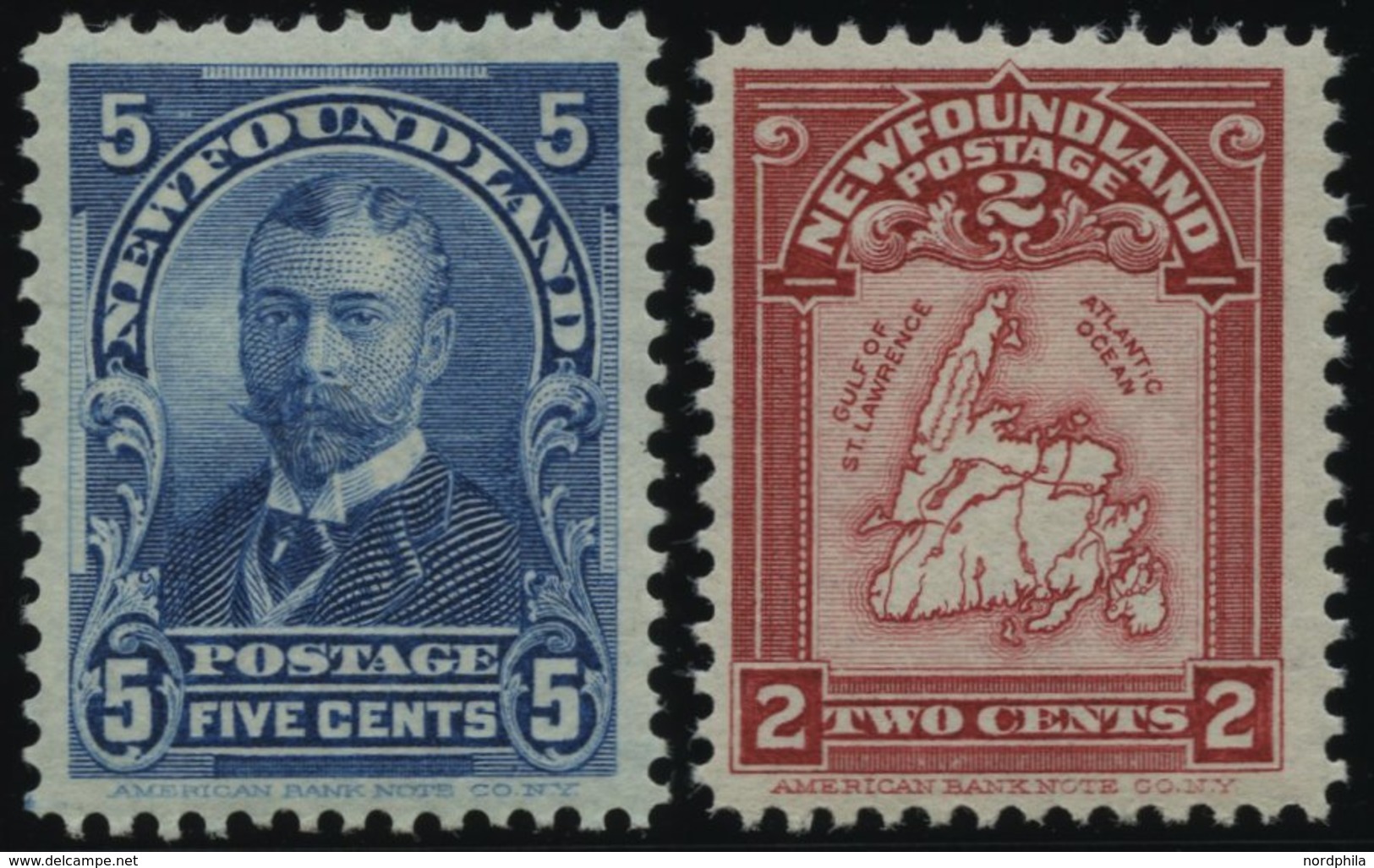 KANADA - NEUFUNDLAND 66/7 *, 1899/1908, 5 C. König Georg V Und 2 C. Landkarte, Falzrest, 2 Prachtwerte, Mi. 95.- - Ohne Zuordnung