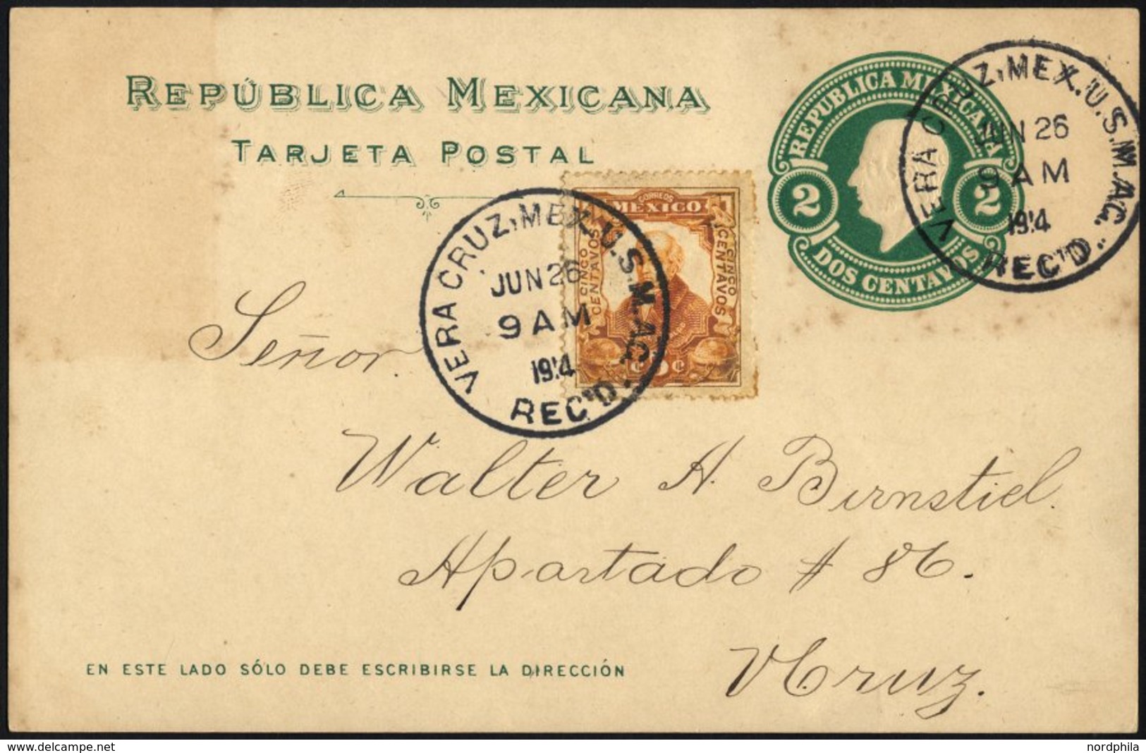 MEXIKO 246 BRIEF, 1914, 5 C. Braungelb Auf 2 C. Grün Ganzsachenkarte Mit Amerikanischem Militärstempel Aus Veracruz, Fei - Mexico